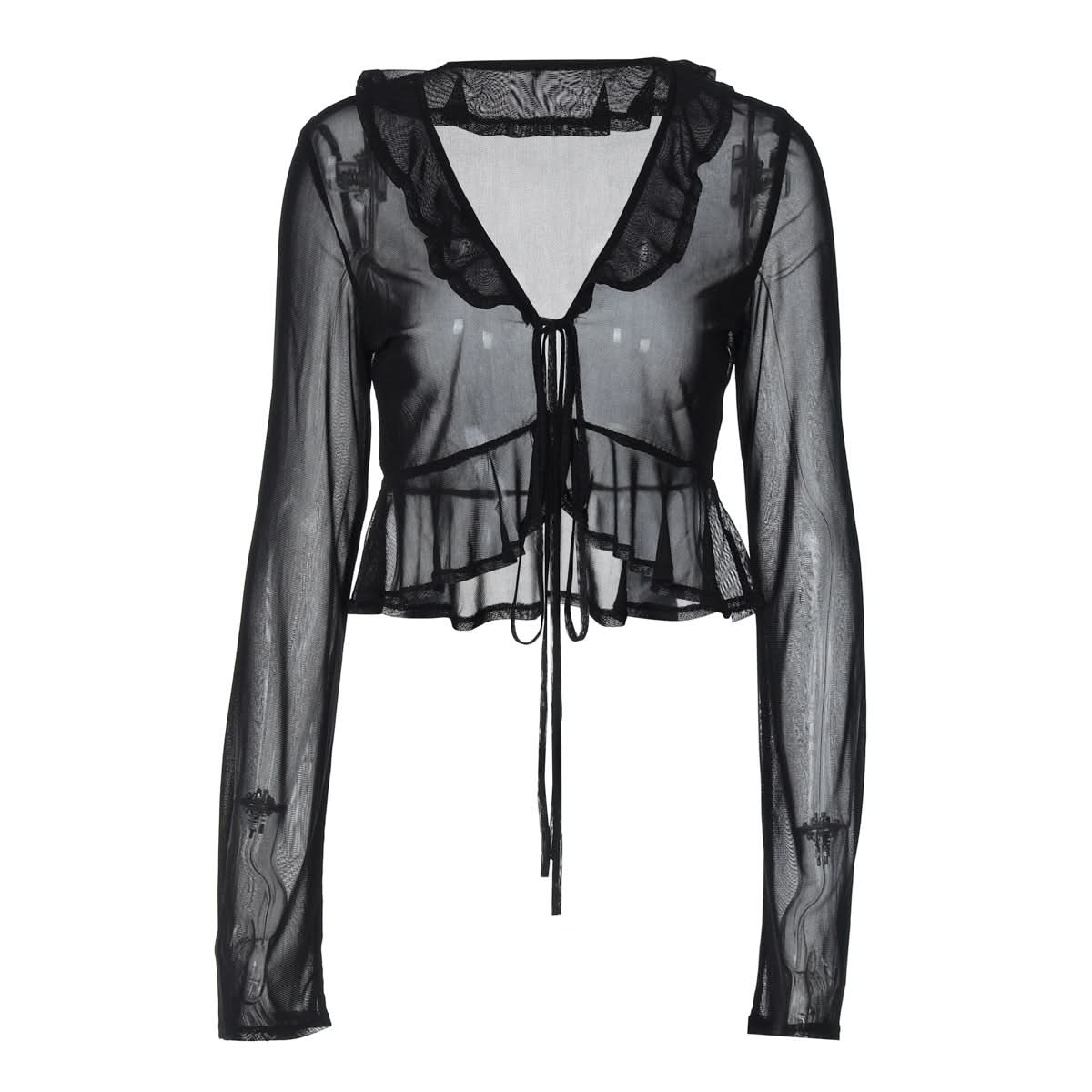 Long sleeve sheer mesh ruffle self tie top