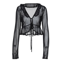 Long sleeve sheer mesh ruffle self tie top