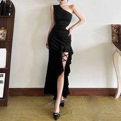 One shoulder hollow out slit ruffle cut out maxi dress
