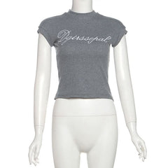 Crewneck letter embroidery short sleeve top