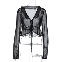 Long sleeve sheer mesh ruffle self tie top