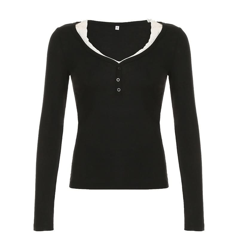 V neck long sleeve lace hem top