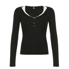 V neck long sleeve lace hem top