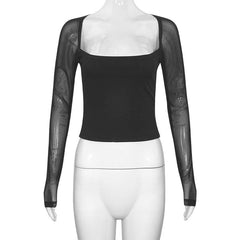 Square neck long sleeve mesh patchwork top