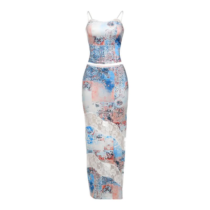 Contrast lace patchwork slit cami maxi dress