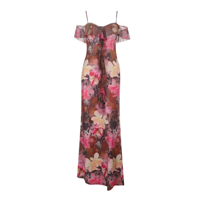 Off shoulder flower print mesh ruffle maxi dress