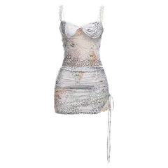 Lace hem bowknot print drawstring cami mini skirt set