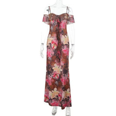 Off shoulder flower print mesh ruffle maxi dress
