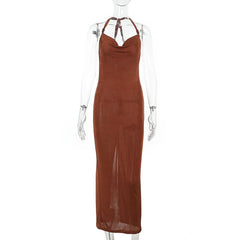 Cowl neck halter beaded slit maxi dress