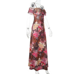 Off shoulder flower print mesh ruffle maxi dress