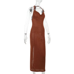 Cowl neck halter beaded slit maxi dress
