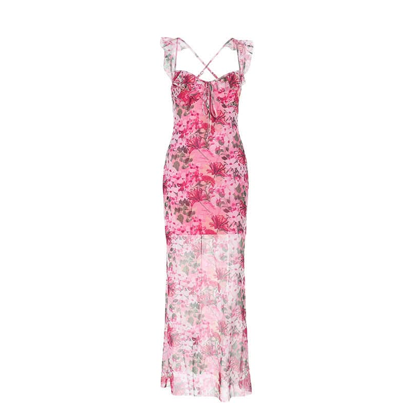 Flower print mesh corss back cami maxi dress