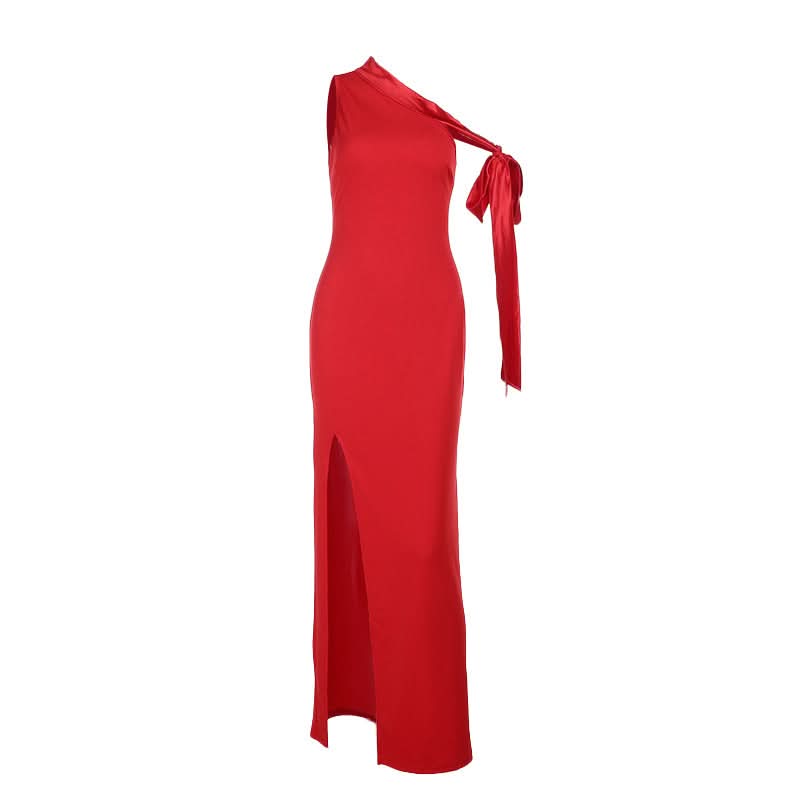 One shoulder slit solid maxi dress