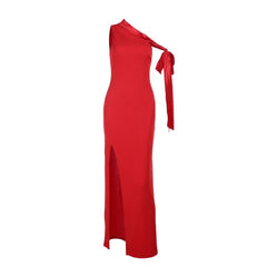 One shoulder slit solid maxi dress