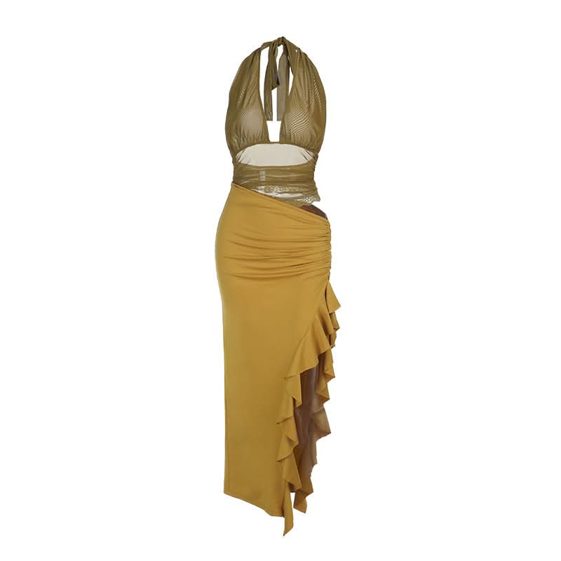 Halter ruffle slit ruched hollow out cut out maxi dress