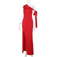 One shoulder slit solid maxi dress