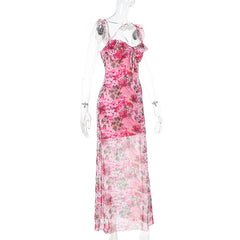 Flower print mesh corss back cami maxi dress