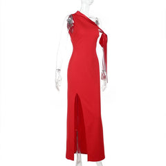 One shoulder slit solid maxi dress