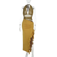 Halter ruffle slit ruched hollow out cut out maxi dress