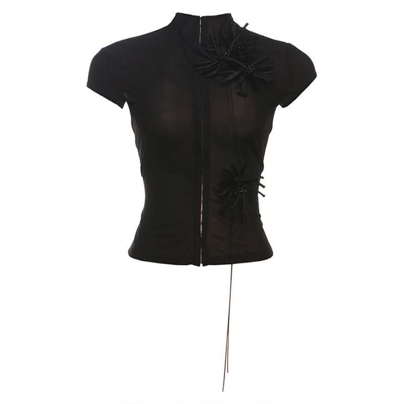 High neck short sleeve flower applique button top