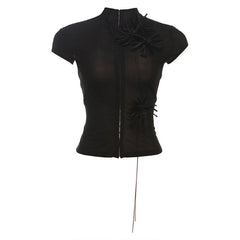 High neck short sleeve flower applique button top