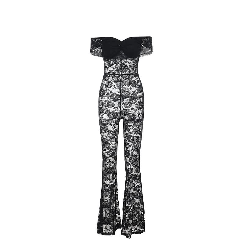 Off shoulder sheer lace jumpsuit