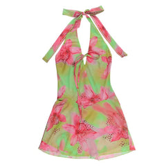 Halter flower print self tie mini dress
