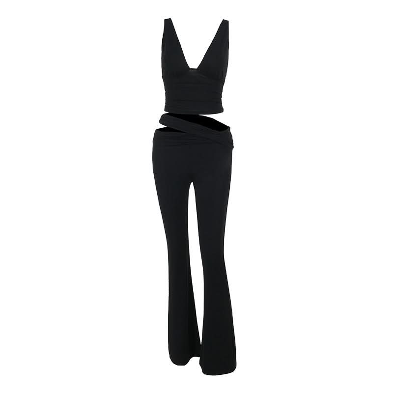 V neck solid hollow out pant set