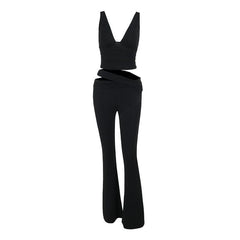 V neck solid hollow out pant set