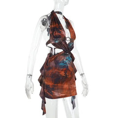 Halter self tie ruffle contrast backless mini dress