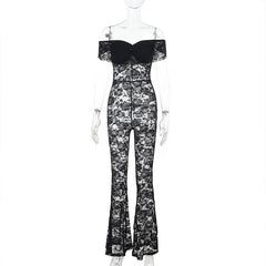 Off shoulder sheer lace jumpsuit