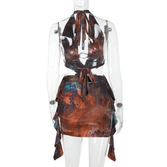Halter self tie ruffle contrast backless mini dress
