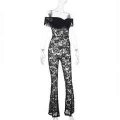 Off shoulder sheer lace jumpsuit