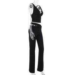 V neck solid hollow out pant set