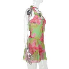 Halter flower print self tie mini dress