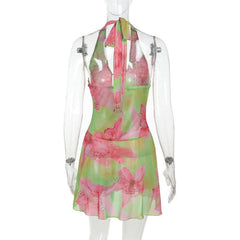 Halter flower print self tie mini dress
