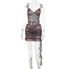 V neck mesh ruffle contrast cami mini skirt set
