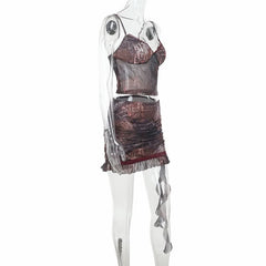 V neck mesh ruffle contrast cami mini skirt set