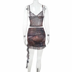 V neck mesh ruffle contrast cami mini skirt set