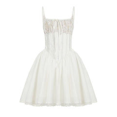 Square neck lace ruched zip-up cami mini dress