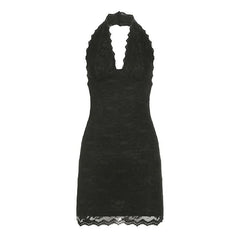 Halter lace hem v neck solid backless mini dress