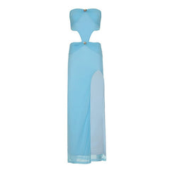 Hollow out high slit mesh tube cut out maxi dress