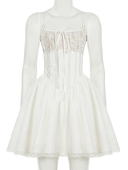 Square neck lace ruched zip-up cami mini dress