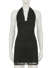 Halter lace hem v neck solid backless mini dress