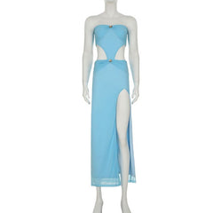 Hollow out high slit mesh tube cut out maxi dress