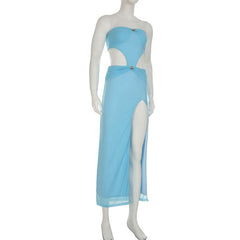 Hollow out high slit mesh tube cut out maxi dress