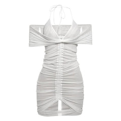 Ruched halter self tie mesh v neck mini dress