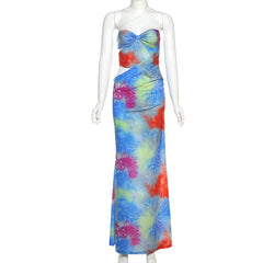Hollow out one shoulder print irregular cut out maxi dress