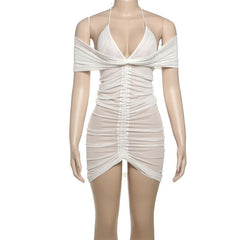 Ruched halter self tie mesh v neck mini dress