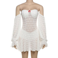 Off shoulder long sleeve bowknot solid mini dress